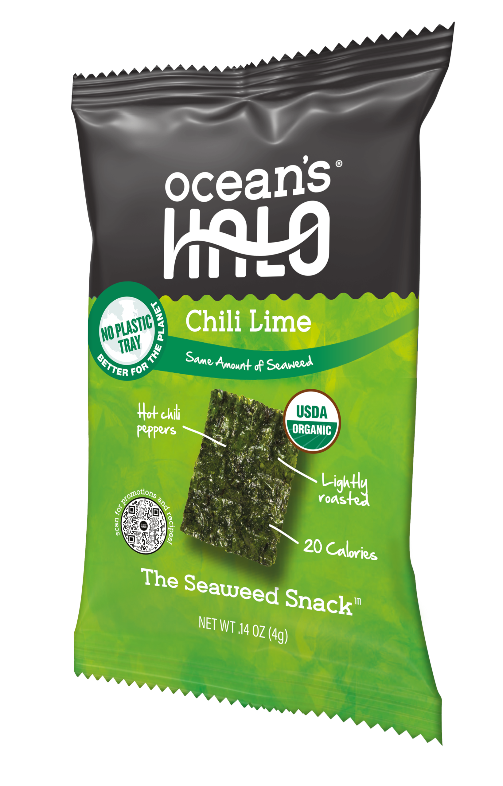 Oceans Halo Chili Lime Seaweed Snack: USDA Organic, Lightly Roasted, Full of B-12 & Iodine, 20 calories.
