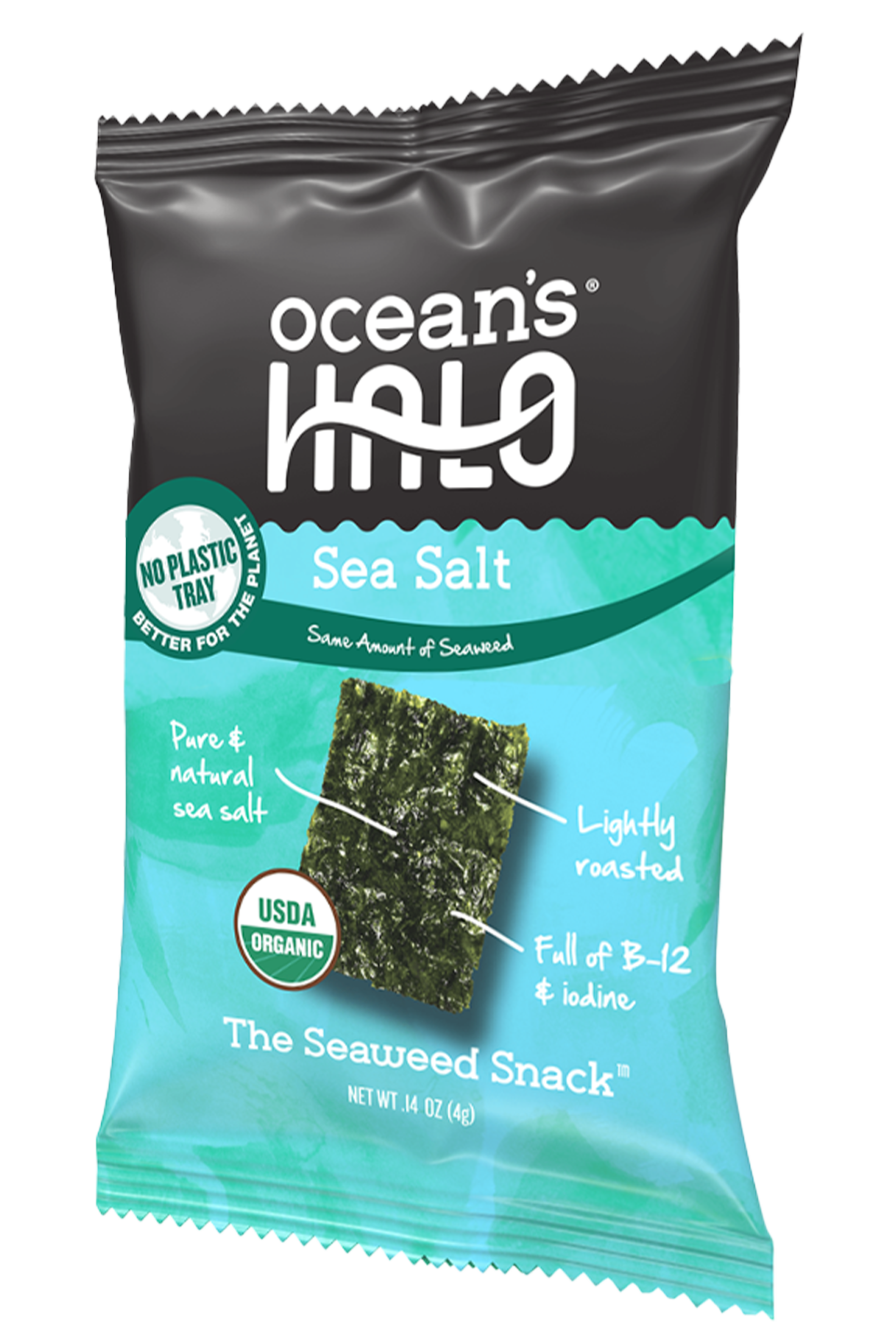 A single-serving bag of Ocean's Halo Sea salt flavored seaweed snack.