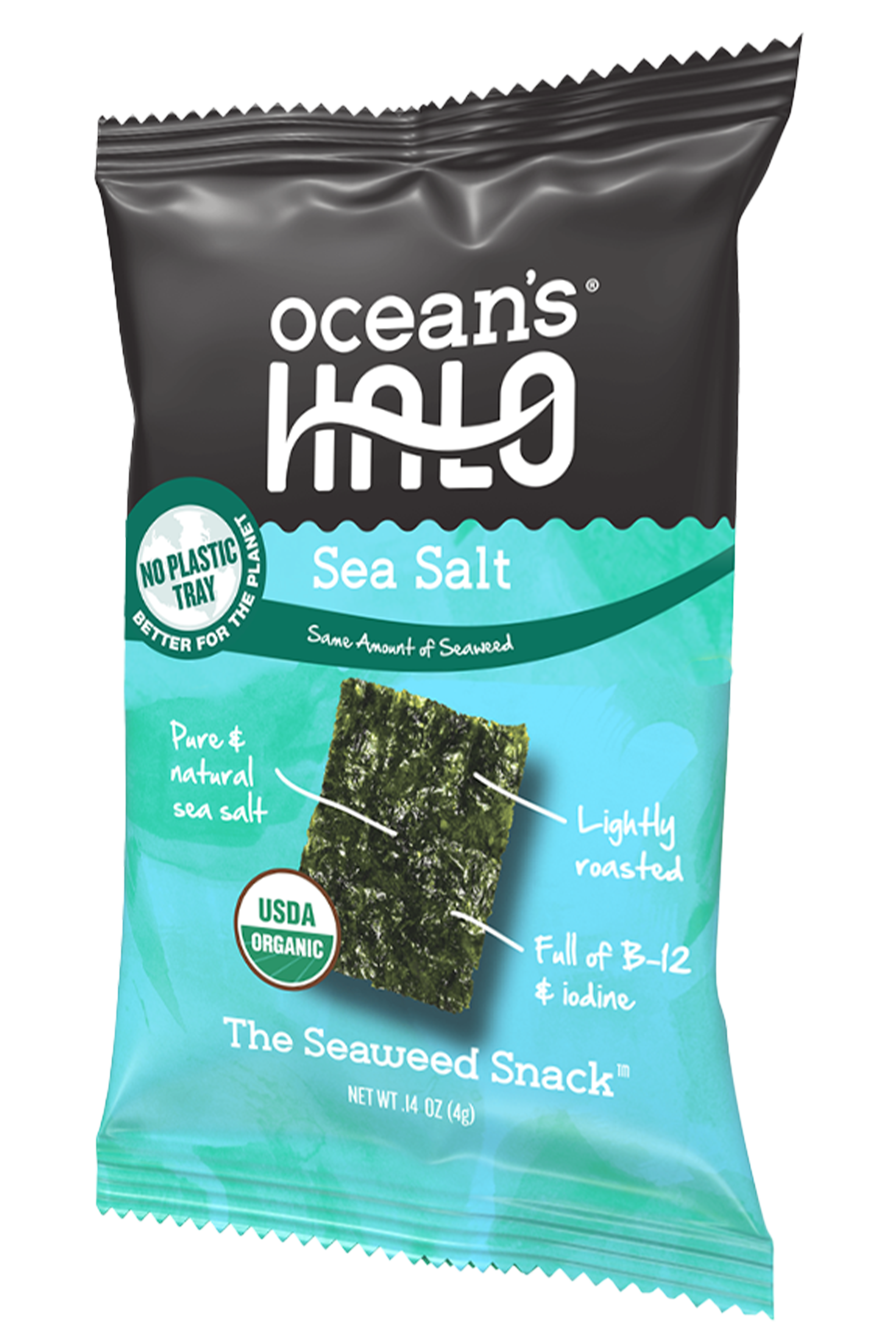 A single-serving bag of Ocean's Halo Sea salt flavored seaweed snack.