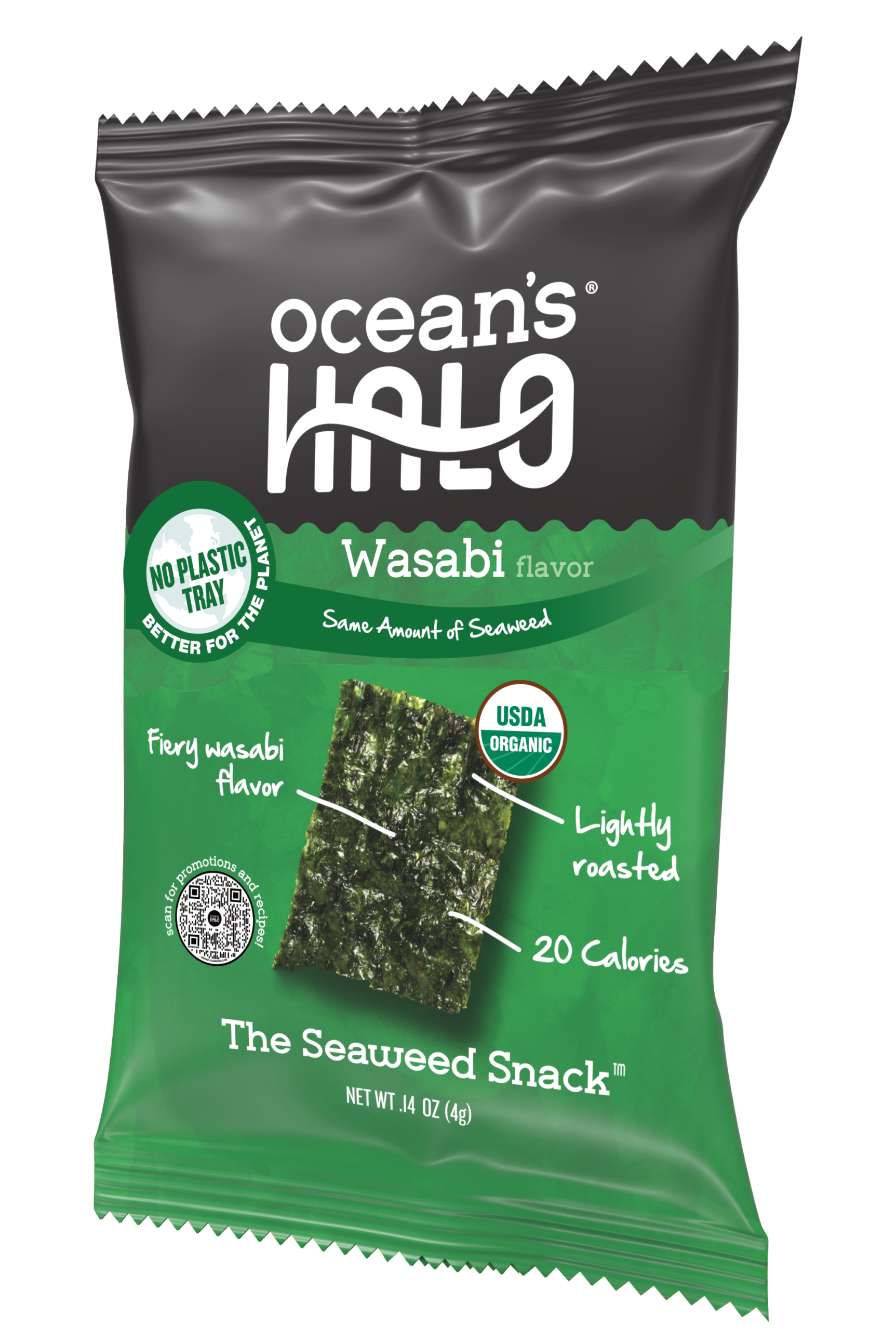 A single-serving bag of Ocean's Halo Wasabi flavored seaweed snack.