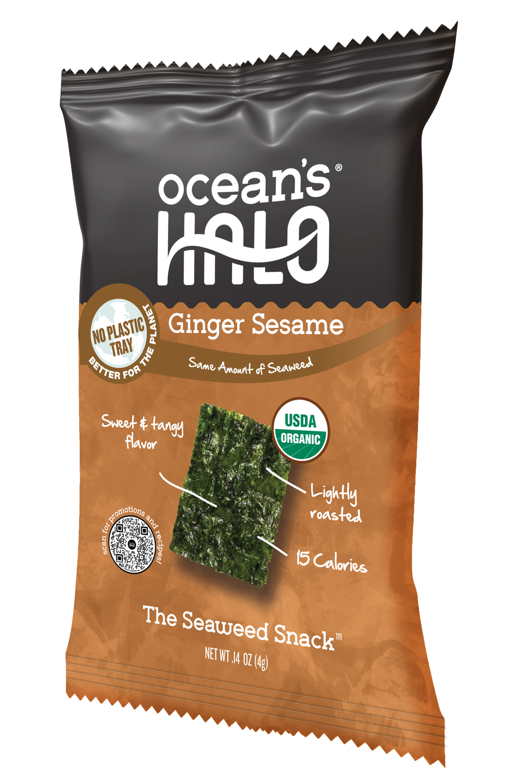 Ocean's Halo Ginger Sesame Seaweed Snack: USDA Organic, Lightly Roasted, Full of B-12 & Iodine, 15 calories.