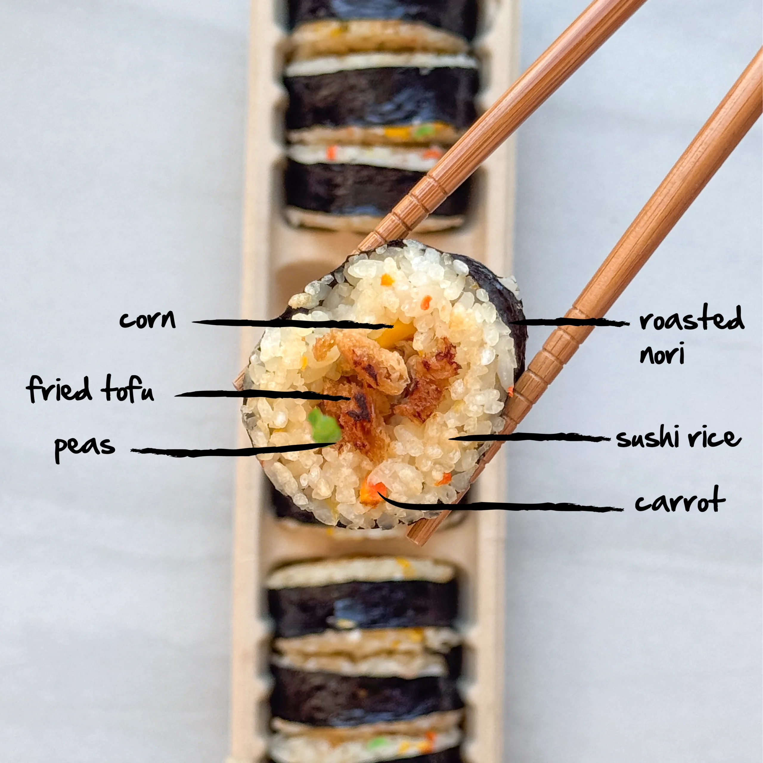 Chopsticks hold a fried rice roll piece labeled with ingredients: corn, fried tofu, peas, roasted nori, sushi rice, and carrot.