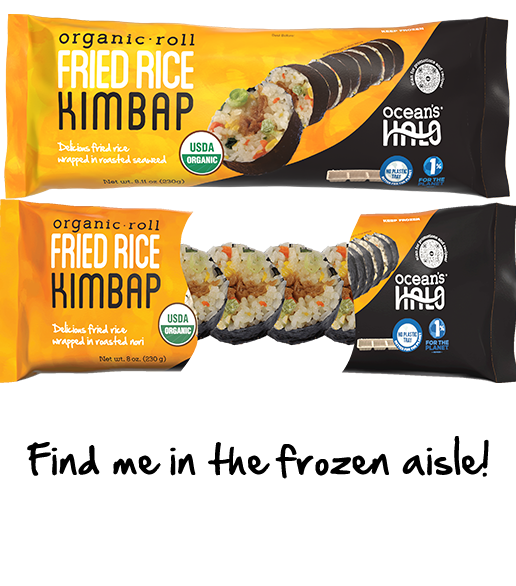 Two packages of Ocean's Halo Organic Fried rice Kimbap, with a note
