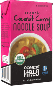 A carton of Ocean's Halo Organic coconut curry Noodle Soup.