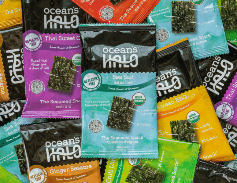 Ocean's Halo Trayless Seaweed Snacks Sea salt, Thai sweet chili, Korean bbq flavor.