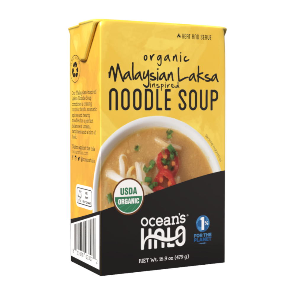 A carton of Ocean's Halo Organic Malaysian Laksa Inspired Noodle Soup.
