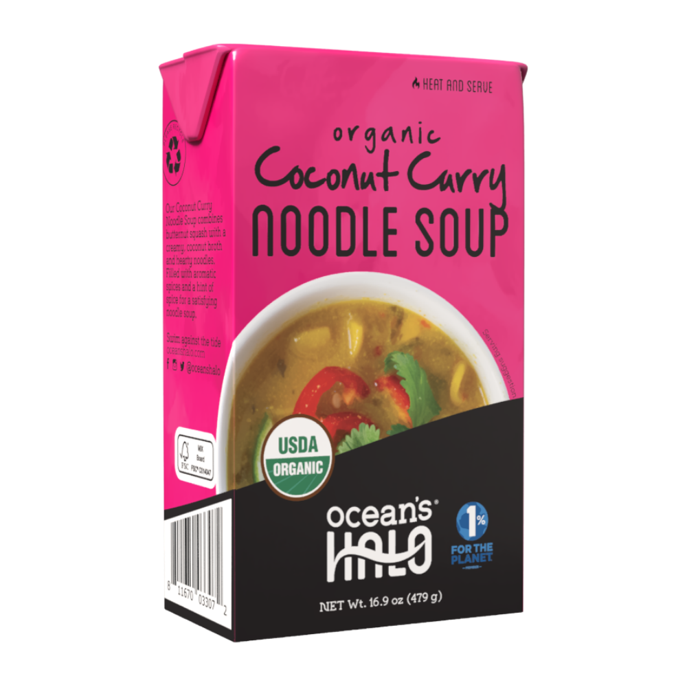 A carton of Ocean's Halo Organic Coconut curry Noodle Soup.