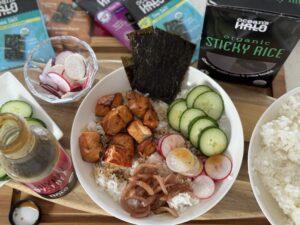 Salmon Rice Bowl with Ocean's Halo roasted seaweed snacks and organic sticky rice and teriyaki sauce
