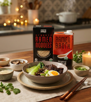 Organic Ocean's Halo Short rib ramen featuring Ocean's Halo Ramen noodles and Ramen Broth.