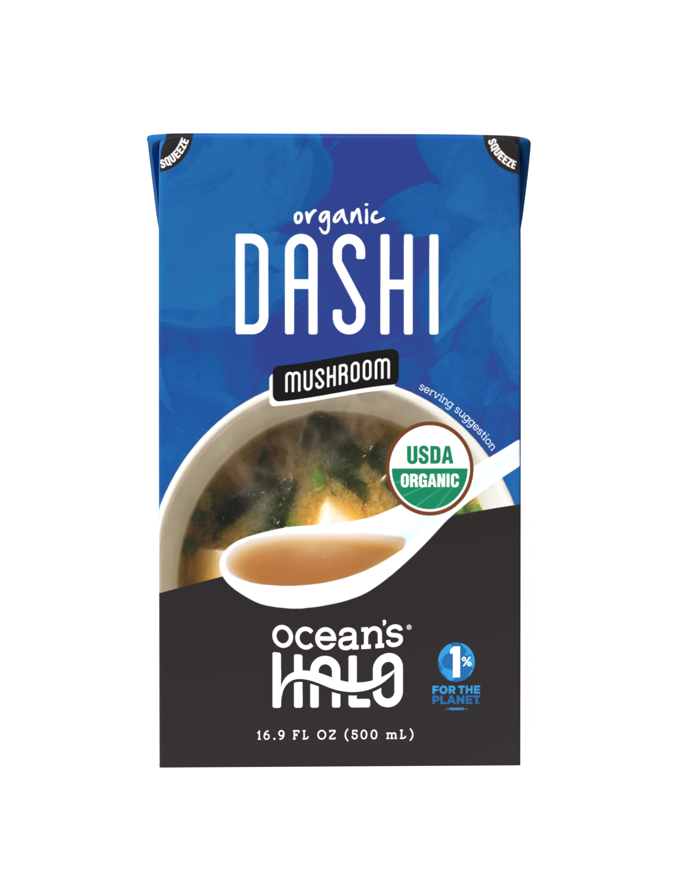 Organic mushroom dashi broth packaging blue
