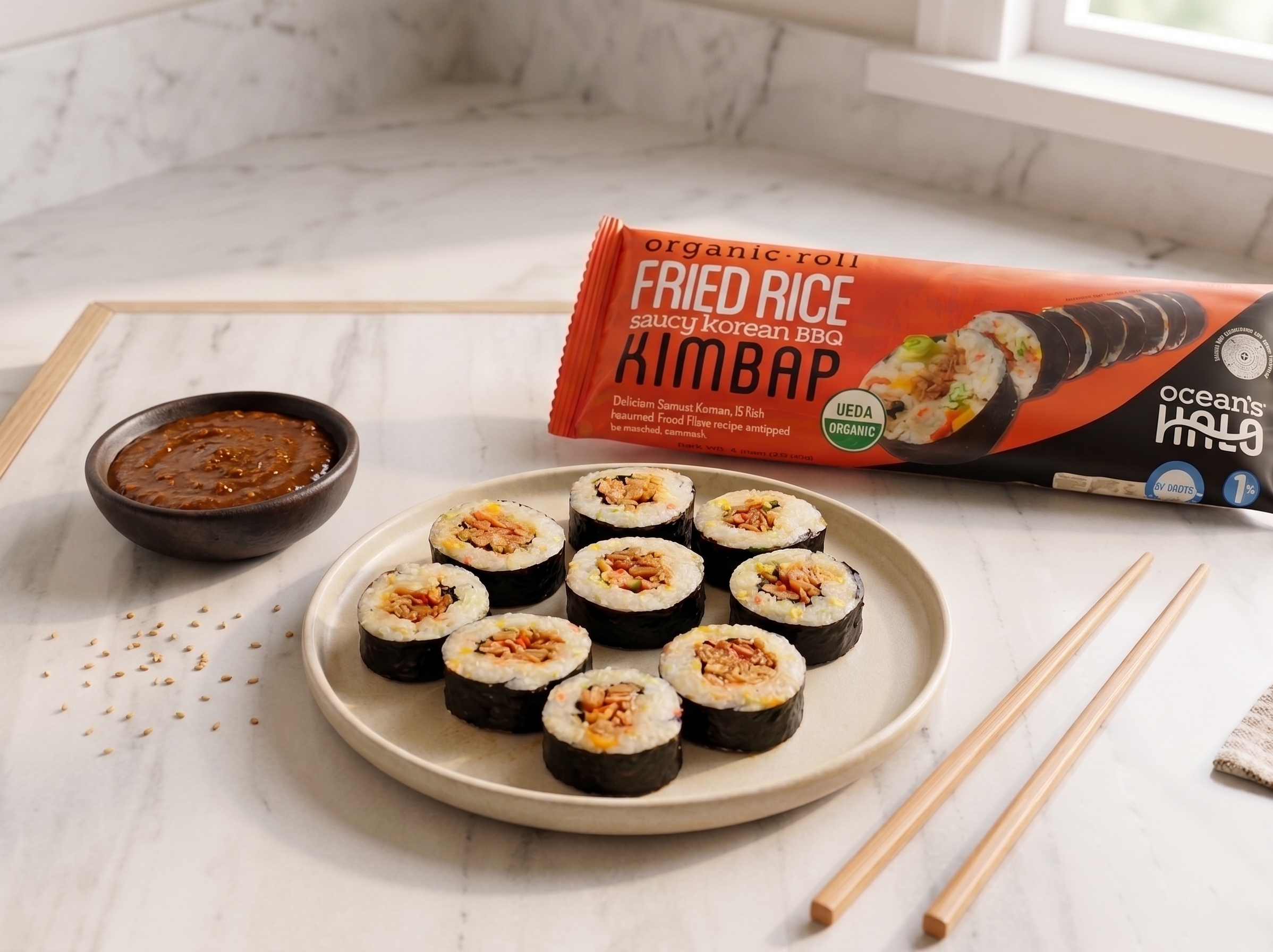 Saucy Korean BBQ Fried Rice Roll on a plate in a nice kitchen