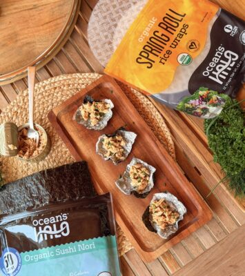 Rice Paper Nori Wrap recipe image. Ocean's Halo sushi nori on right and Rice Paper on the left.