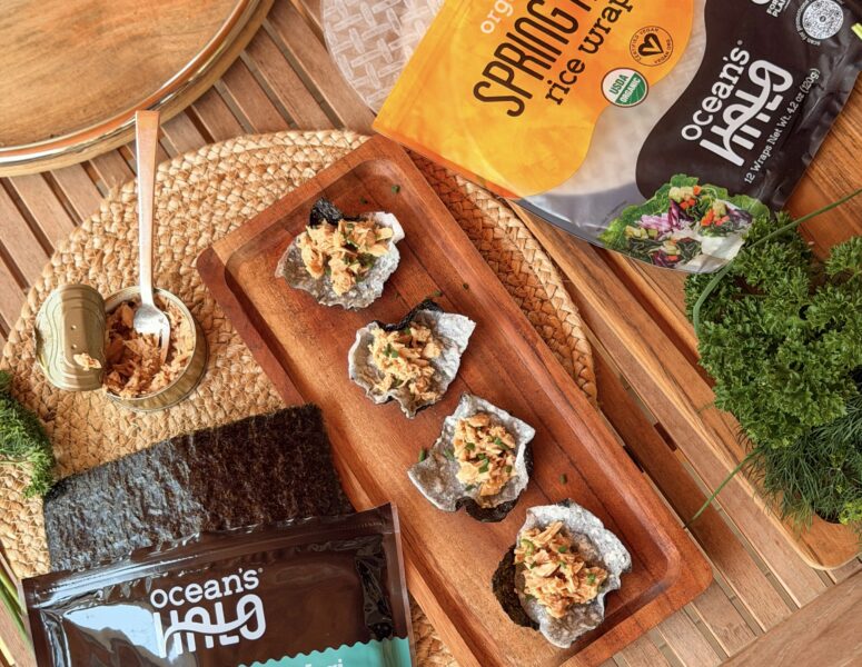 Rice Paper Nori Wrap recipe image. Ocean's Halo sushi nori on right and Rice Paper on the left.
