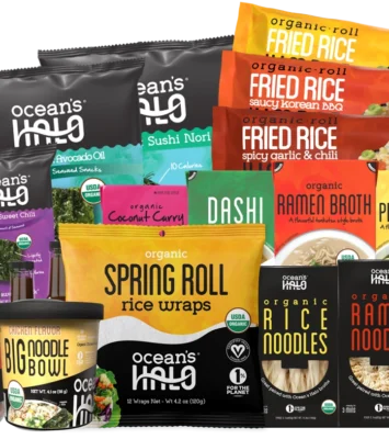 Ocean's Halo organic Asian-inspired foods display, including seaweed snacks, broths, noodles, rice rolls, and sauces.