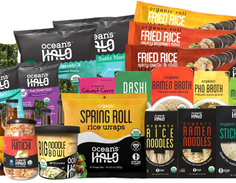 Ocean's Halo organic Asian-inspired foods display, including seaweed snacks, broths, noodles, rice rolls, and sauces.